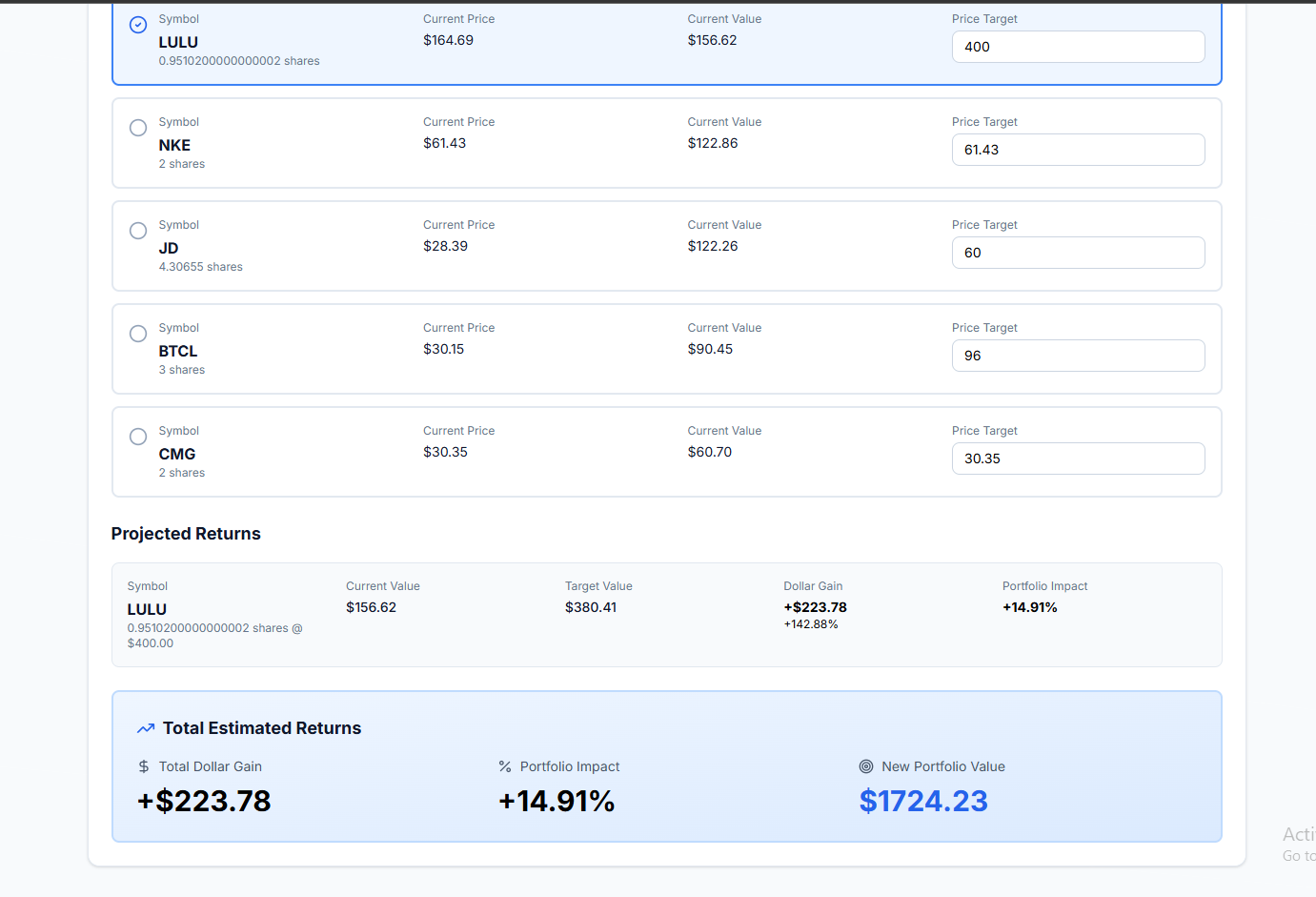 Estimated Returns Calculator - Project potential gains